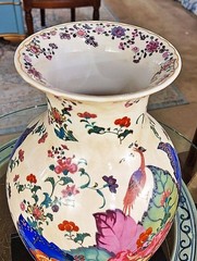 Colorful Chinoiserie Porcelain Vase. Tobacco Leaf Pattern (14.50”H)