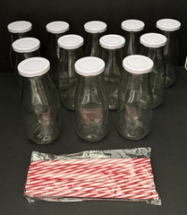 10 oz. Glass Milk Bottles with Reusable Lids and Red & White Straws Lot of 12