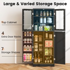 63.5″ Tall Kitchen Pantry Storage Cabinet w/ Glass Door Storage Shelves Black