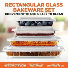 Serenelife 4 Sets of High Borosilicate Rectangular Glass Bakeware Set w/ PE Lid