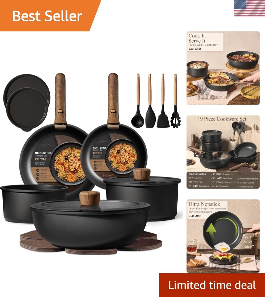 19-Piece Non-Stick Cookware Set with Detachable Handle & Induction Compatibility