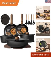 19-Piece Non-Stick Cookware Set with Detachable Handle & Induction Compatibility
