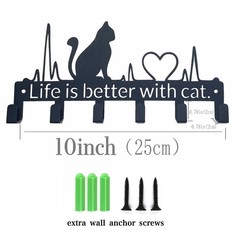 9.8 In Black Cute Cat Key Holder Wall Mount 6 Hooks Organizer Rustproof