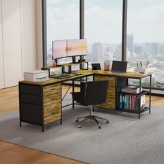 9.5FT L-Shaped Home Office Computer Desk 6 Drawers Monitor Stands Power Outlets