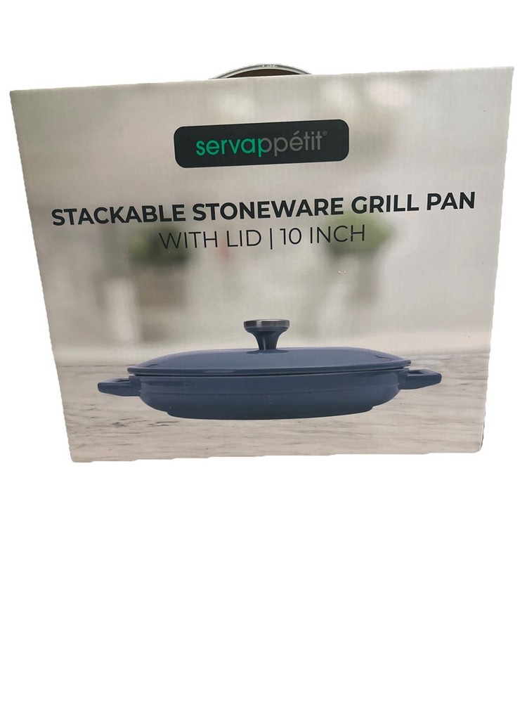 Servppetit Stackable Stoneware Grill Pan With Lid Blue 10 Inch New Free Shippin