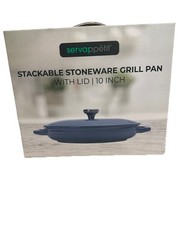 Servppetit Stackable Stoneware Grill Pan With Lid Blue 10 Inch New Free Shippin