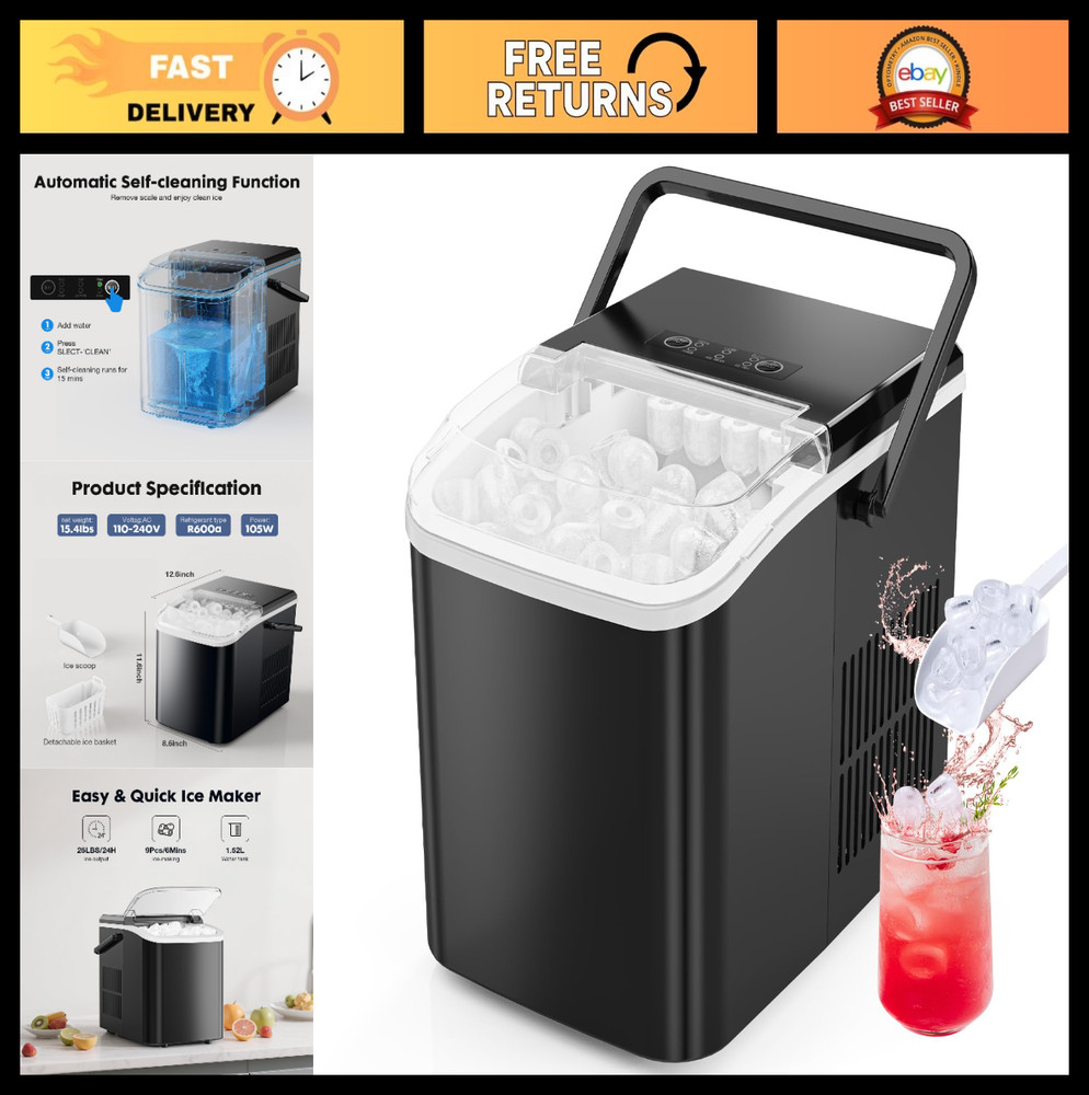 Portable Ice Maker – 9 Cubes in 6 Mins, 26.5lbs/24Hrs, Scoop & Basket, Home Bar