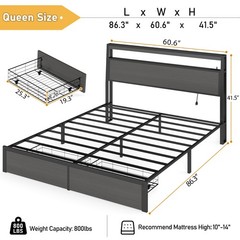 Queen Full Size Bed Frame with Storage Headboard &Charging Station＆ LED Lights
