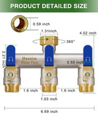 3 Way Hose Splitter Heavy Duty Long Handle Full Flow Brass Nickel 3/4 Inch Blue