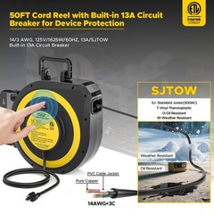 50FT Heavy Duty Retractable Extension Cord Reel, 14AWG/3C 1625W,180° Swivel