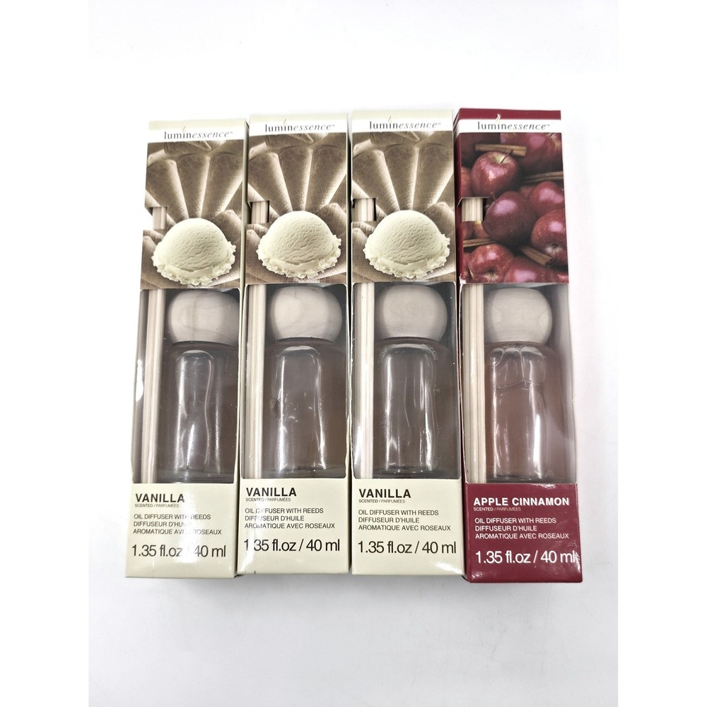 Luminessence Reed Diffuser Lot of 4 Vanilla and Apple Cinnamon 1.35oz Each NEW