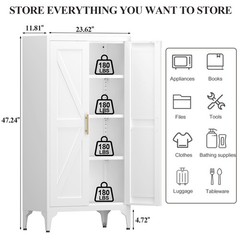 47”H White Metal Pantry Storage Cabinets with Doors and Adjustable Shelves