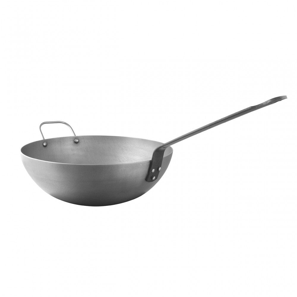 Mauviel M’STEEL Black Carbon Steel Wok With Iron Handle, 11.8-In