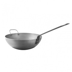 Mauviel M’STEEL Black Carbon Steel Wok With Iron Handle, 11.8-In