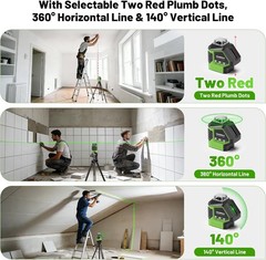 Green Cross Line Laser Level with 2 Plumb Dots, 60 Inch Tripod, 360° Tool
