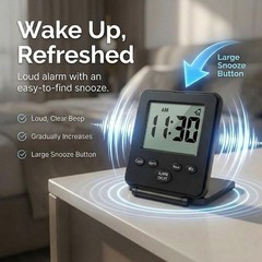 Digital Travel Alarm Clock – No Bells, Whistles, Simple 7 x 8 cm, Black