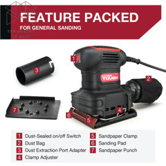 Hyper Tough 2 Amp Corded 1/4 Sheet Palm Sander 3 Sanding Sheets 60 80 120 Grit