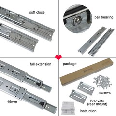 12-22In Soft Close Full Extension Drawer Slides Rear Mount Ball Bearing+Brackets