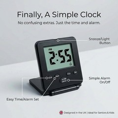 Digital Travel Alarm Clock – No Bells, Whistles, Simple 7 x 8 cm, Black