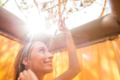 Tan/Silver Portable Shower Enclosure with See-Through Port Hole – Modern Style