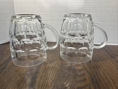 ARCOROC FRANCE Vtg Clear Glass Thumbprint Beer Barrel Heavy Mug Stein Dimple (2)