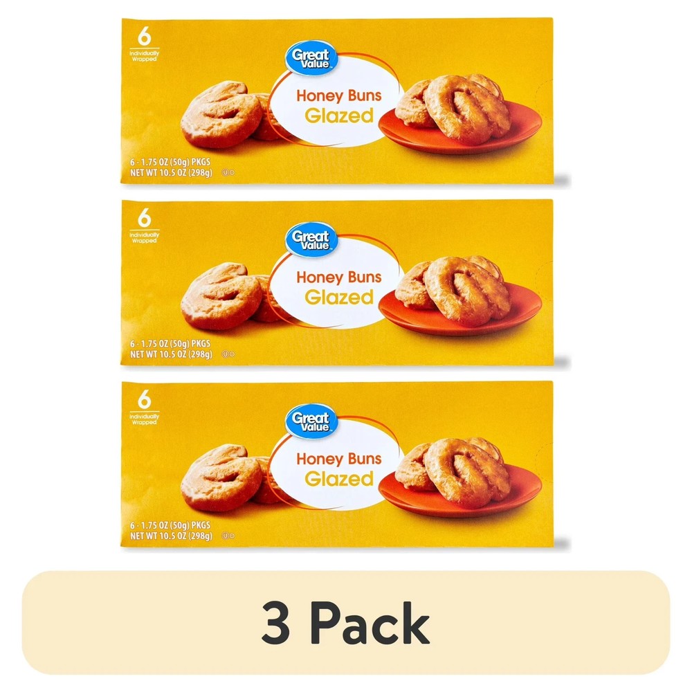 (3 pack) Great Value Glazed Honey Buns, 10.5 oz, 6 Count