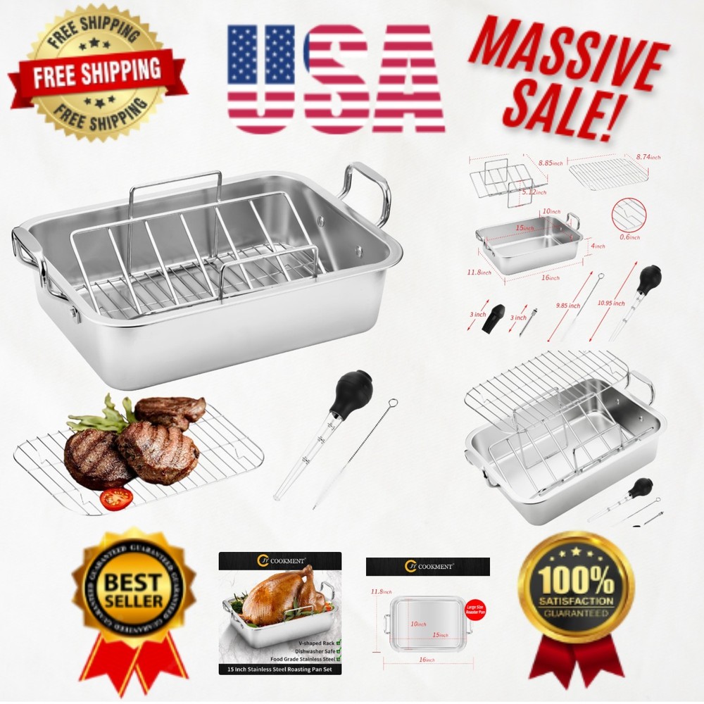 20 lb Capacity 15″ Stainless Steel Roasting Pan with V-Rack – Perfect for Turkey