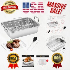 20 lb Capacity 15″ Stainless Steel Roasting Pan with V-Rack – Perfect for Turkey