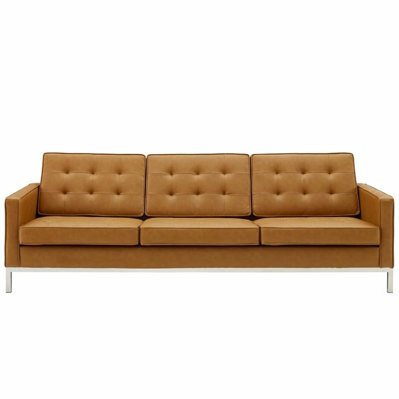 Modway Loft Tufted Upholstered Faux Leather Sofa in Silver and Tan
