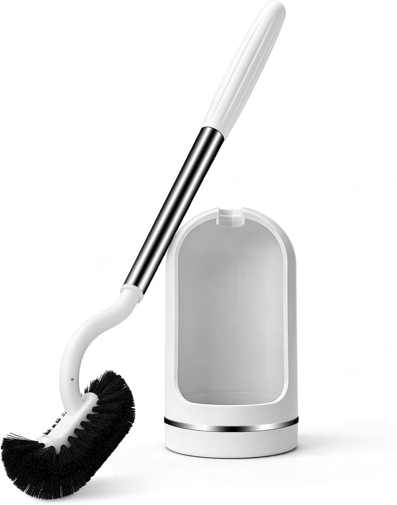 Toilet Brush and Holder Set, Curved Toilet Brush with Stainless Steel Handle