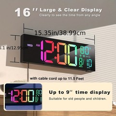16” Large Digital Wall Clock with Remote Control Big LED Dual Alarm 8 RGB New
