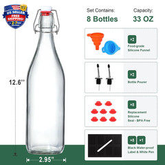 8 Pack [1 Liter / 33 Fl. Oz.] Swing Top Glass Bottles W/ Airtight Stopper Lids –