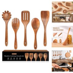 5-Piece Teak Wooden Kitchen Utensil Set Natural Non-Stick Cooking Spoon Spatulas