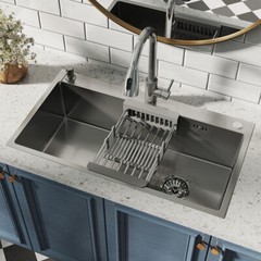 Silver Stainless Steel Kitchen Sink Drop In Top Mount Single Bowl Basin W/Faucet