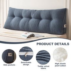 Soft Wedge Headboard Pillow Dorm Bed Triangular Backrest Cushion w/ Side Pocket