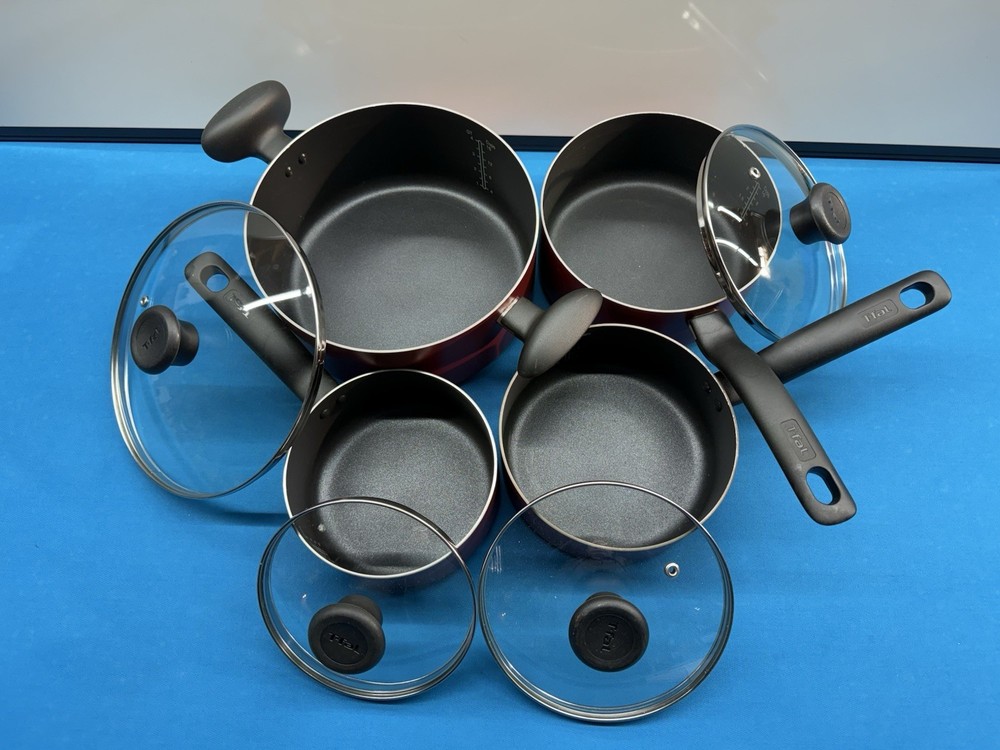 T-fal Easy Care 8-Piece Non-Stick Cookware Pots, and lids Red