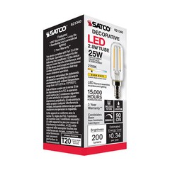 Satco S21340 LED Filament Tube 120V 2.8W =25W T6 Candelabra E12 2700K Warm White