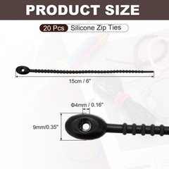 20pcs Silicone Cable Ties 6″ Rubber Reusable Twist Zip Ties Black