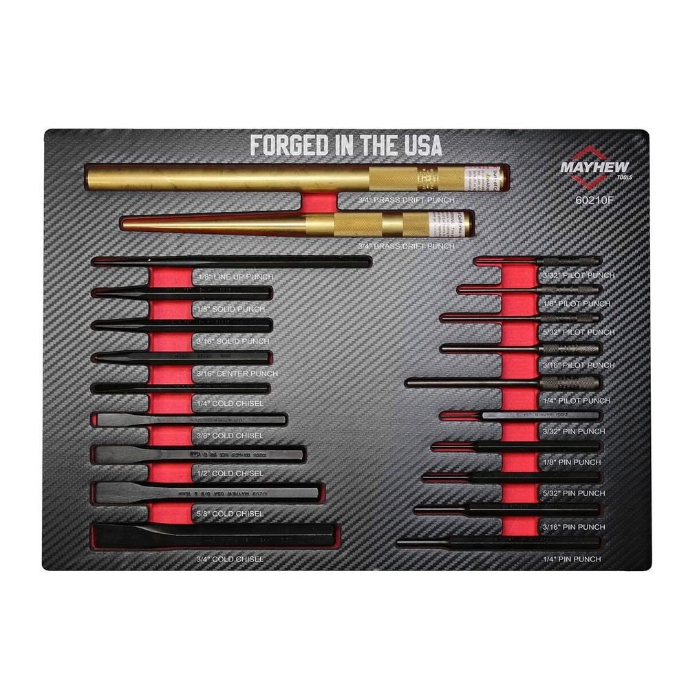 Mayhew 21pc Punch and Chisel Set 60210F w Foam Block Pilot Pin Solid Made in USA