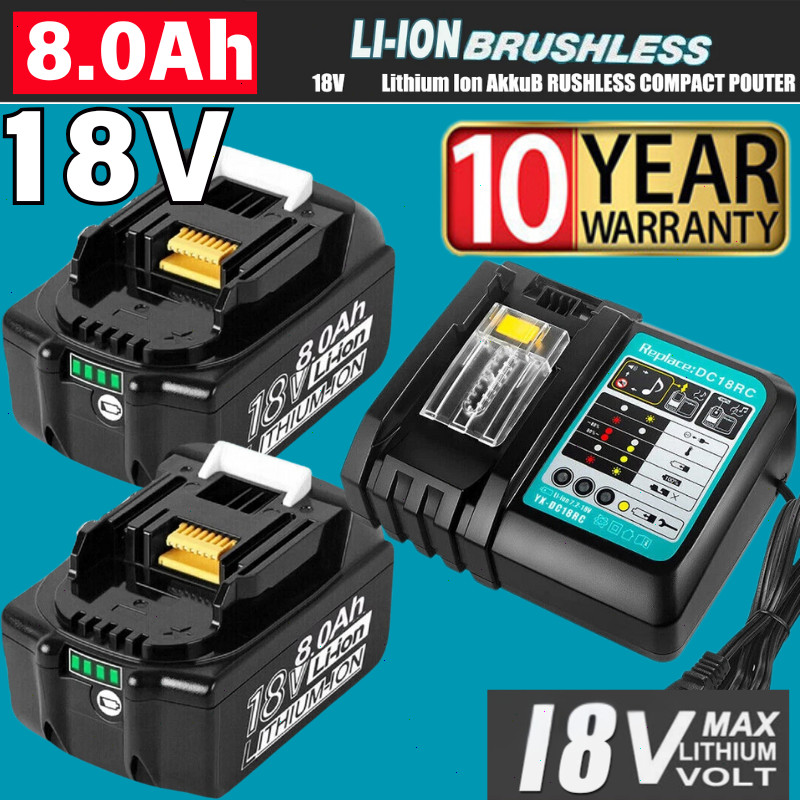 2PC BL1860B 8.0Ah Kit for Makita 18V Lithium-Ion tool Battery with Charger Combo