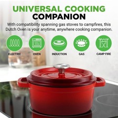NutriChef 12.7 in x 9.8 in 5qt Dutch Oven Pot Cast Iron & Enameled Red