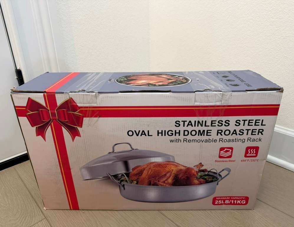 Stainless Steel Oval High Dome Roasting Pan w/ Removable Rack 25 lb 450°F