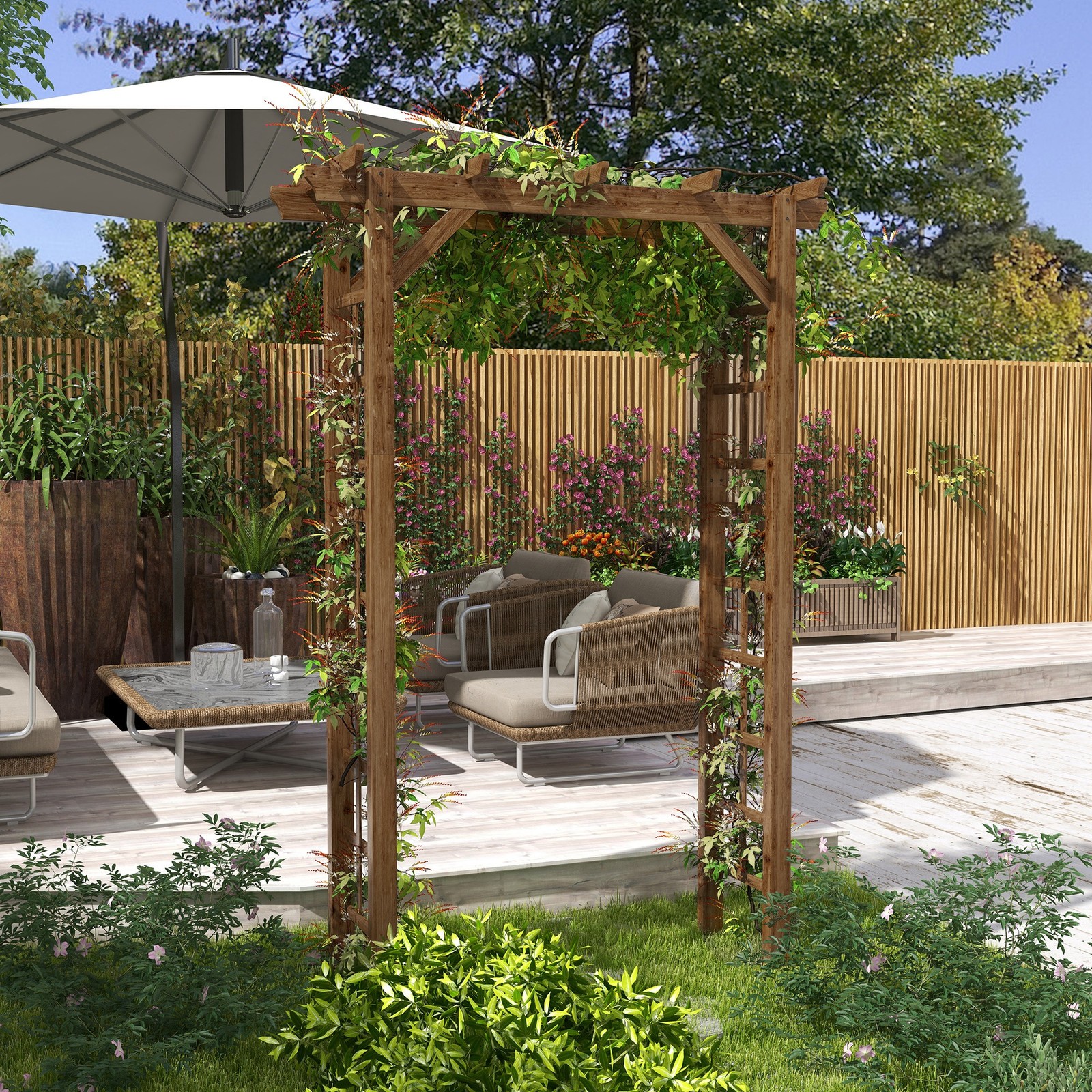 7 ft Natural Wooden Backyard Pergola w/ Side Panel for Climbing Vines