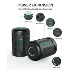 Power Strip Tower, 12 Outlets, 30W 3 USB & 2 USB-C ports, power up to 17 devices