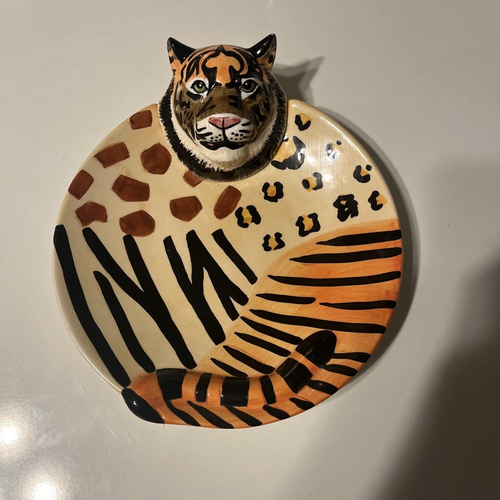 Vintage Lotus Animal Dish Tiger Decorative 3D Plate Dish 2000 Hand Wash Only
