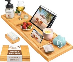 Bamboo Bathtub Tray – Expandable Waterproof Foldable Bath Caddy