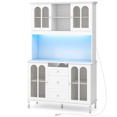 73” Tall Kitchen Pantry Storage Cabinet with LED Lights and Power Outlets