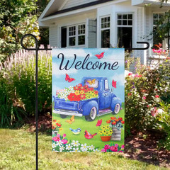 12.5 In. X 18 In. Welcome Blue Pickup Truck with Flowers Outdoor Garden Flag