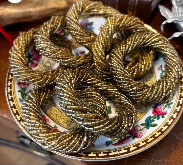 Set of 7 Vintage Beaded Napkin Rings with Tiny Seed Beads Silver Gold India EUC