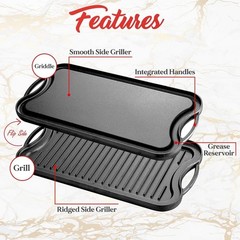 NutriChef Kitchen Plate Reversible Cast Iron Griddle, Classic Flat Grill Pan